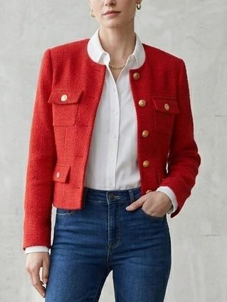 J Crew Red Tweed Jacket With Gold Buttons Size 8